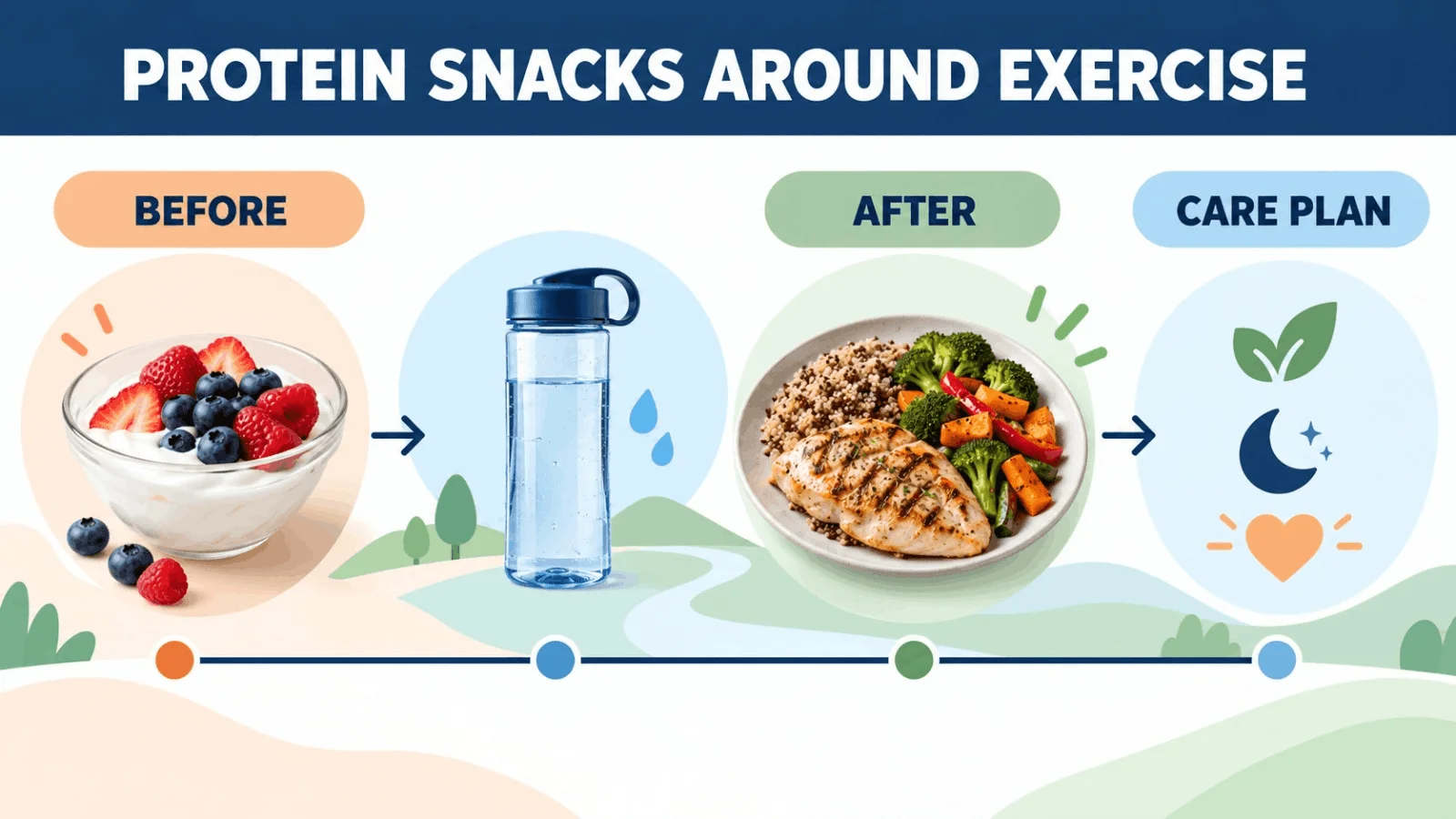 Diagram explaining protein snack timing before workout with yogurt and berries, hydration during exercise, and a balanced chicken meal after exercise for diabetes care plan.