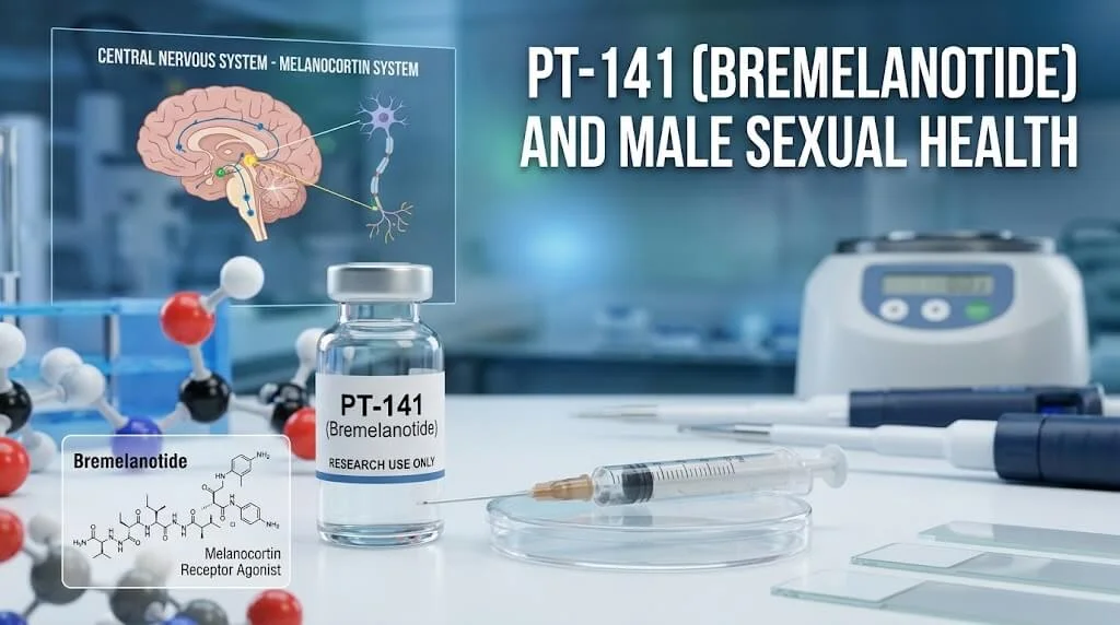PT-141 Bremelanotide vial and syringe in laboratory with central nervous system graphic for men's sexual health