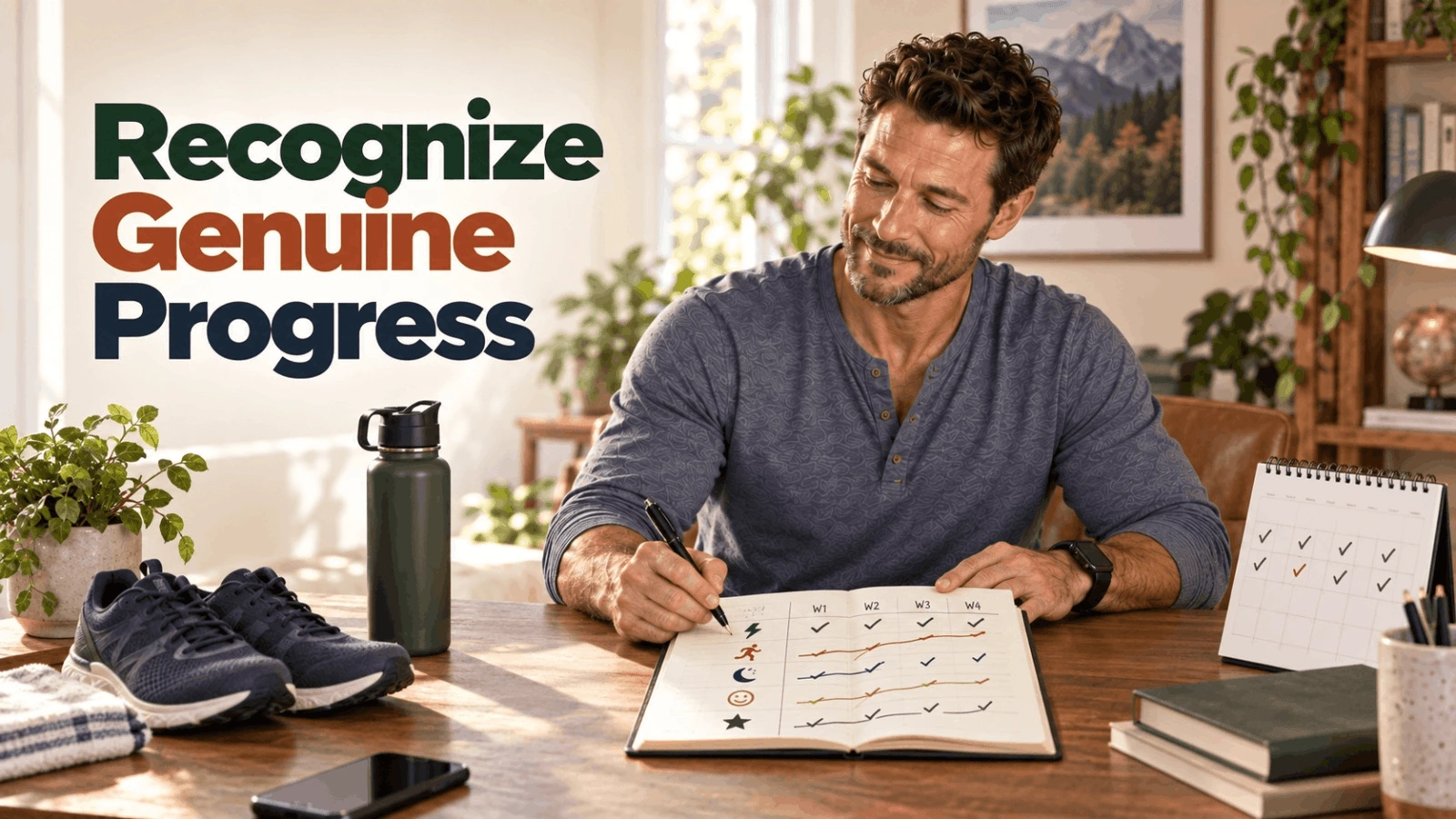 A man writing in a weekly tracking journal to recognize genuine progress in male vitality