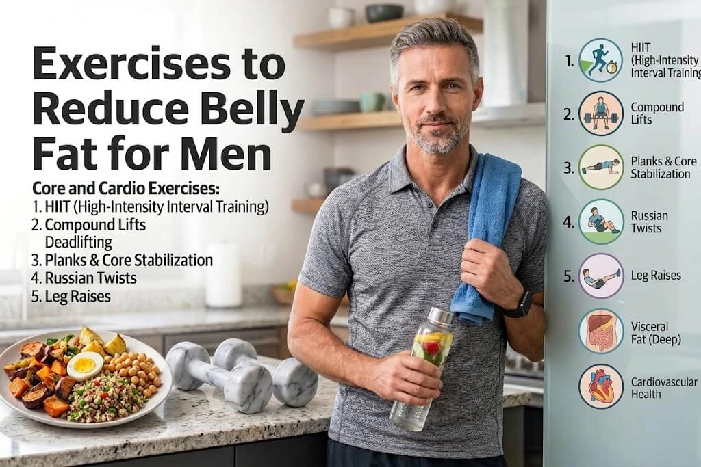 Infographic guide on how to reduce belly fat for men featuring targeted core exercises, HIIT workouts, healthy meal prep, and fitness equipment.
