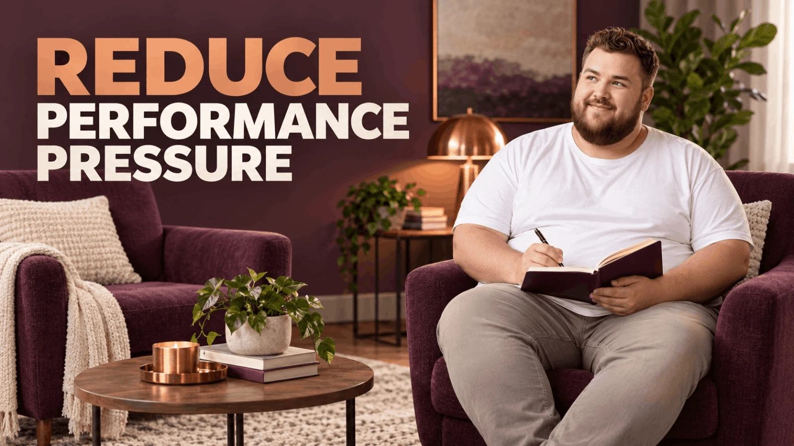Man relaxing and journaling to reduce performance pressure and stress