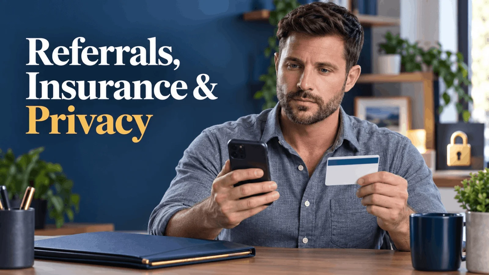 A man checking insurance details on phone before booking a mens sexual health doctor