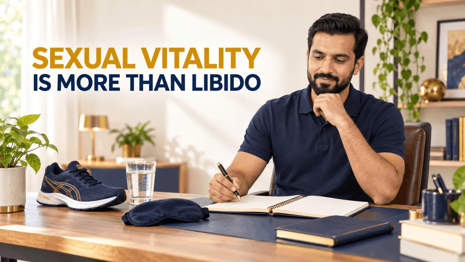 A man reflecting at a desk illustrating that sexual vitality is more than libido