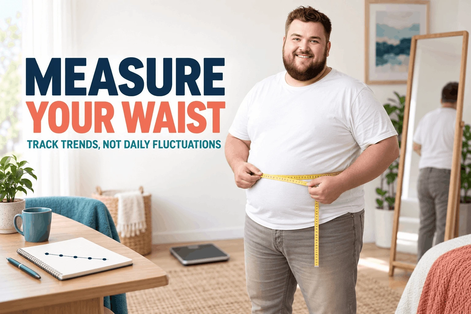 Simple waist measurement method for men over 40 tracking belly fat loss progress.