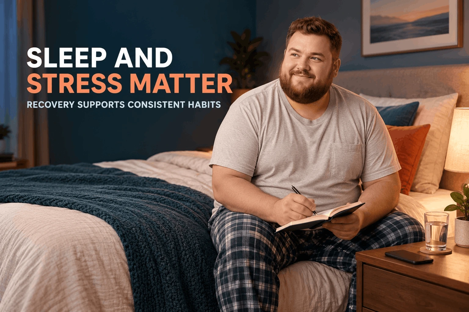 A man in plaid pajamas sitting on the edge of a bed, writing in a journal under dim light, illustrating rest and stress management.