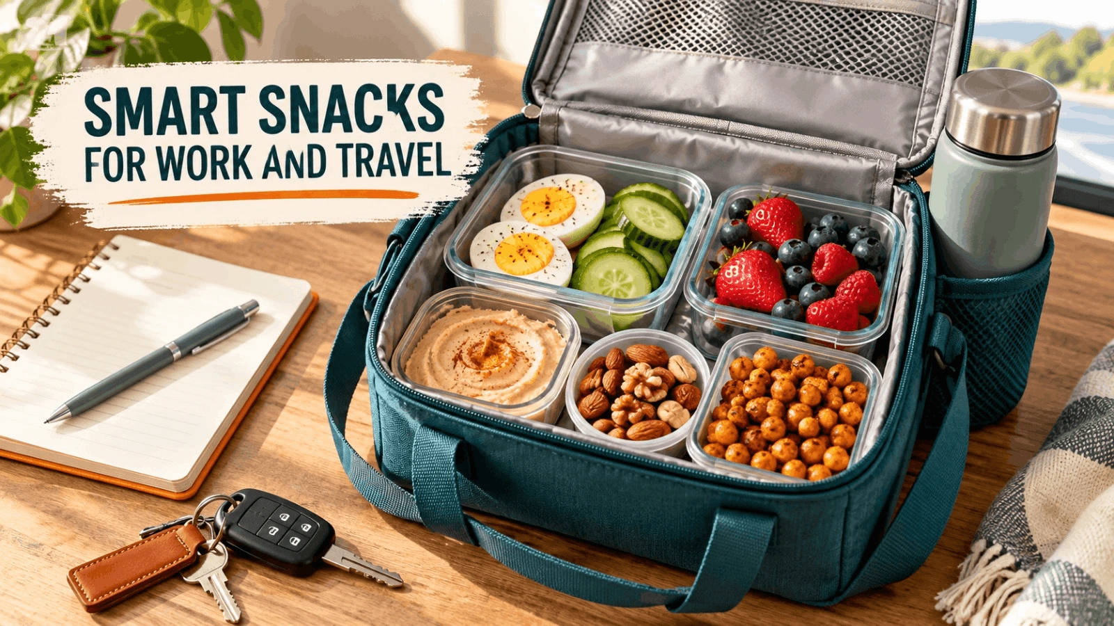 Packed lunch bag containing prepped diabetes-friendly snacks including boiled eggs, cucumber, berries, nuts, roasted chickpeas, and hummus.