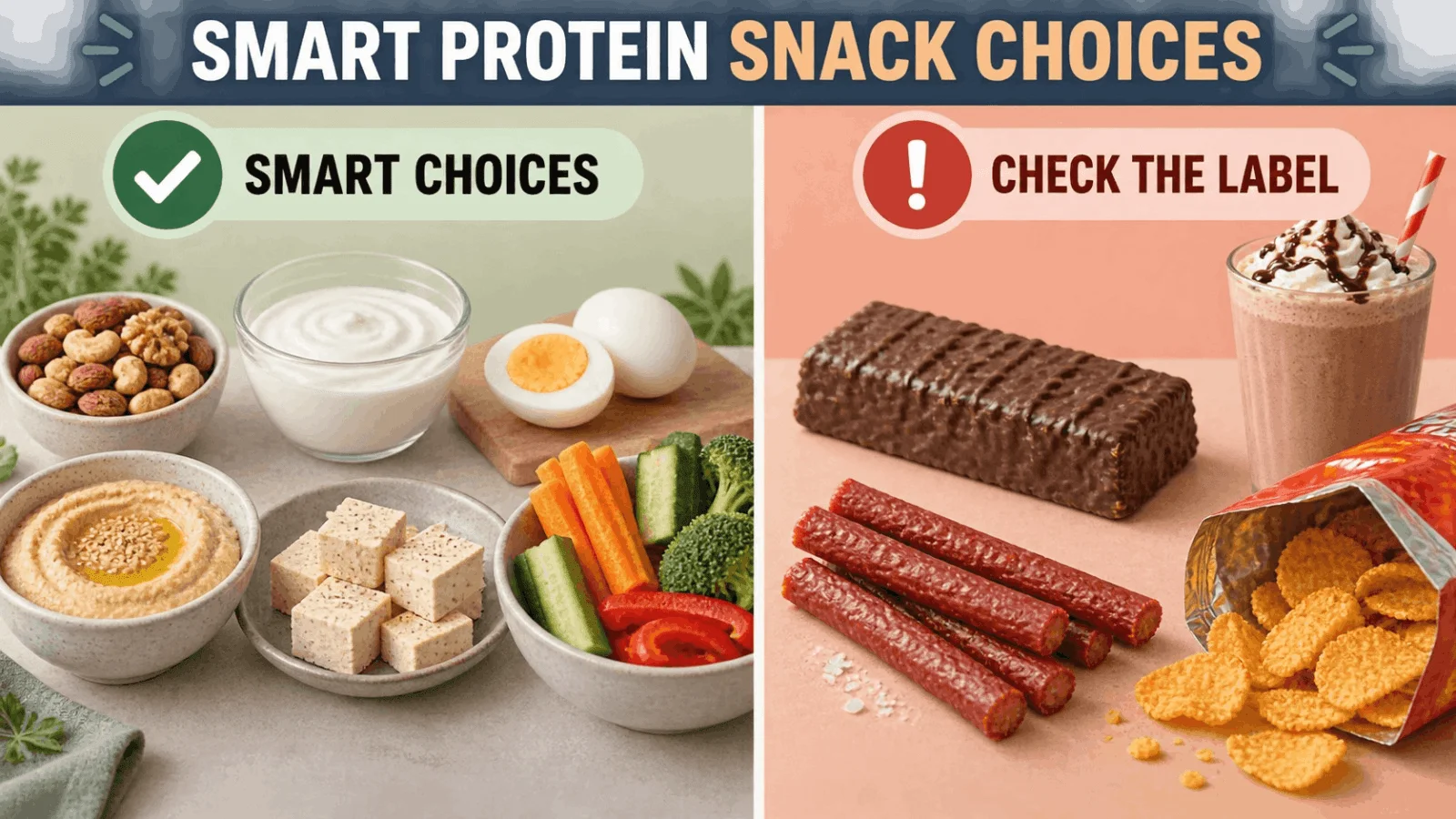 Comparison graphic showing whole food smart choices like nuts, eggs, and hummus versus high-sugar protein bars, processed meats, and sweet shakes that require checking labels.