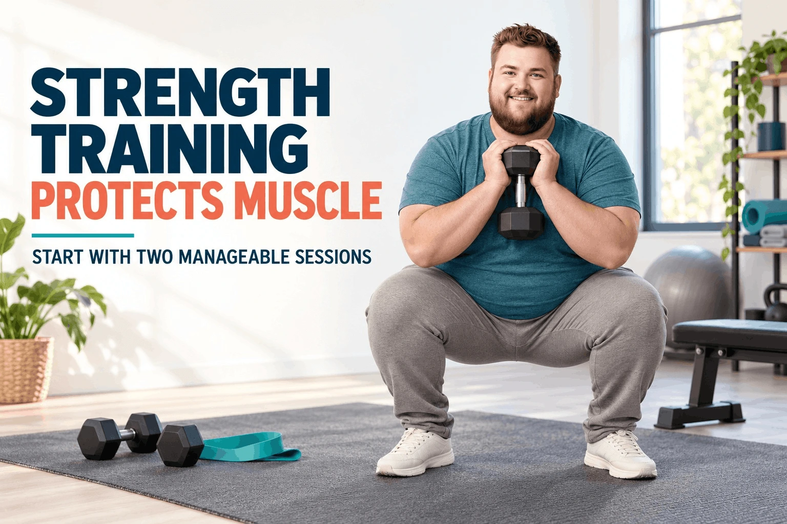 Strength training squat exercise to preserve muscle while losing belly fat after 40.