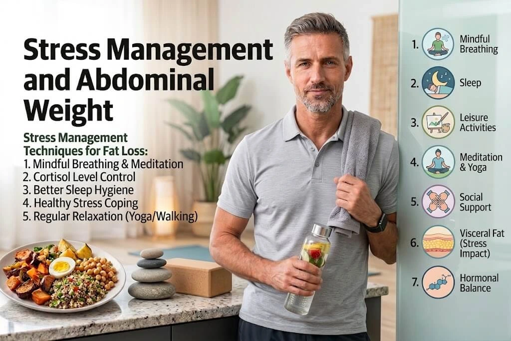 Infographic guide on stress management and abdominal weight showing cortisol control techniques, sleep hygiene, yoga, and healthy diet to reduce stress-related belly fat.