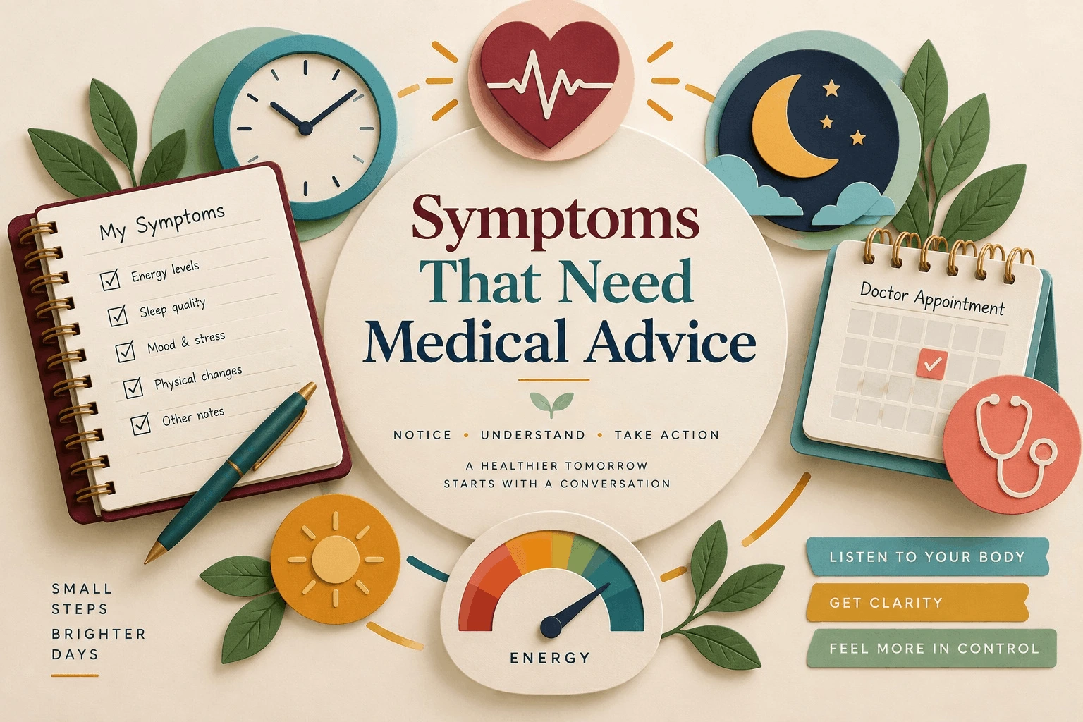 Symptom tracking notebook alongside doctor appointment calendar, energy meter, and stethoscope.