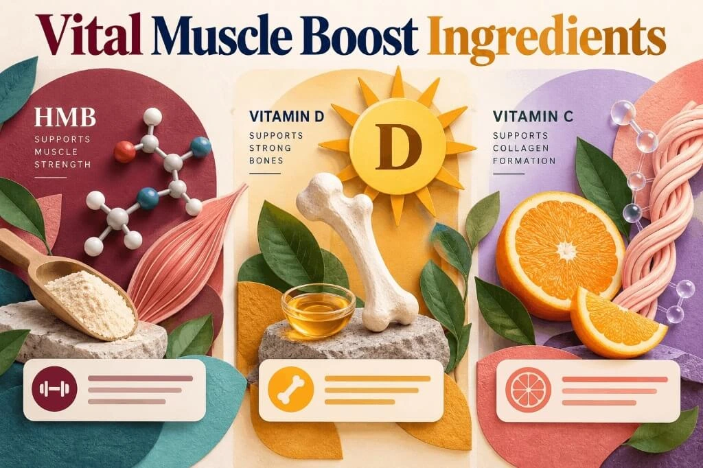 Vital Muscle Boost ingredients showcasing HMB, Vitamin D, and Vitamin C functions.