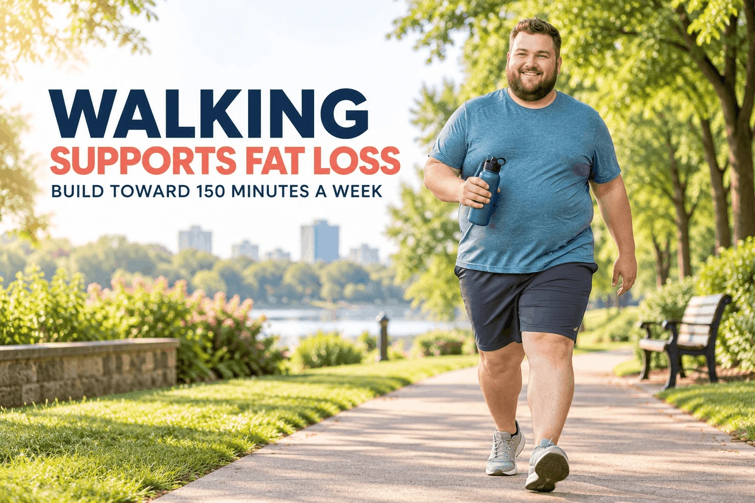 A smiling bearded man in exercise clothes walking briskly on a tree-lined path in a sunny park with a water bottle.
