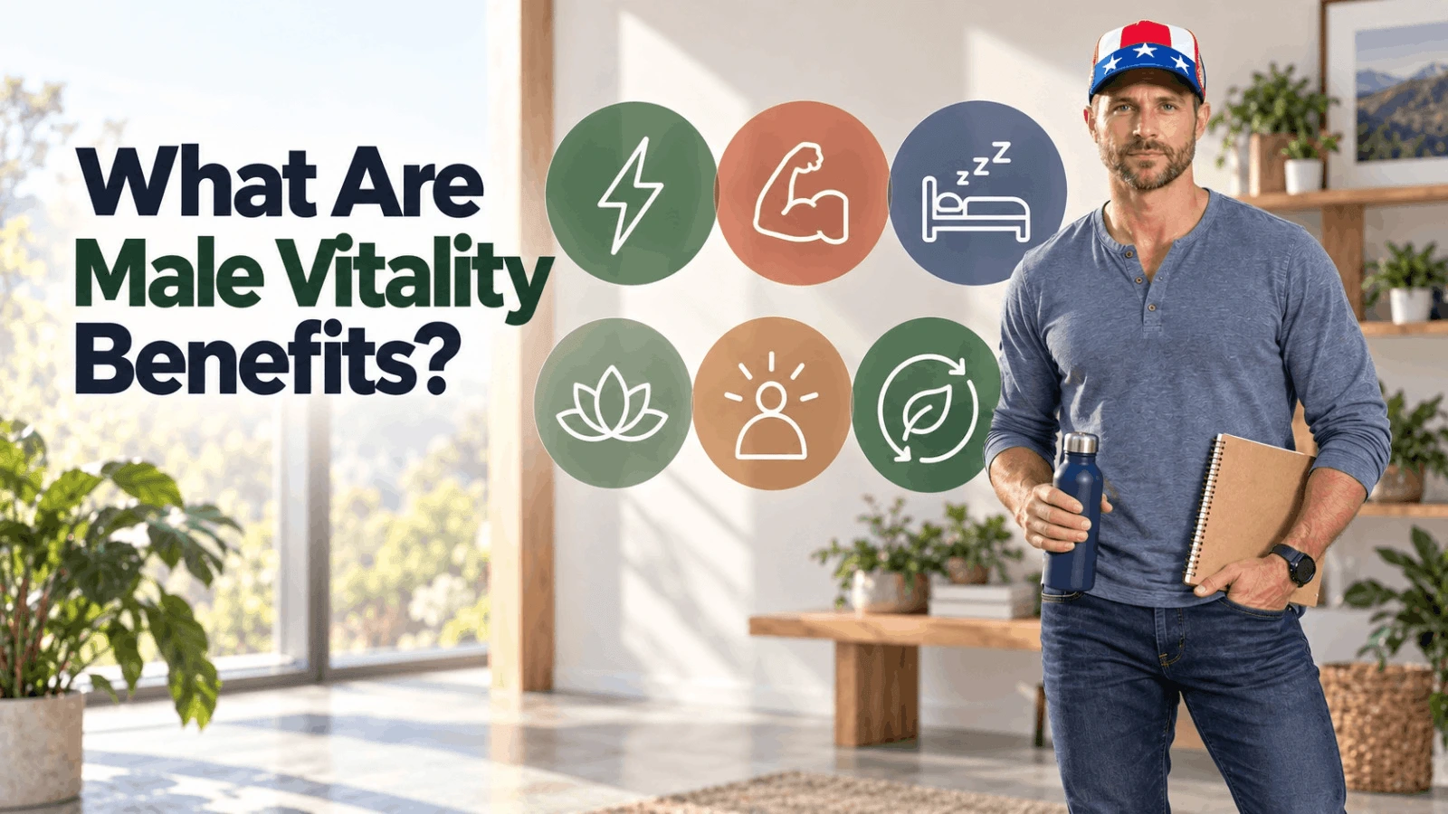 Infographic displaying key male vitality benefits including energy strength sleep and recovery