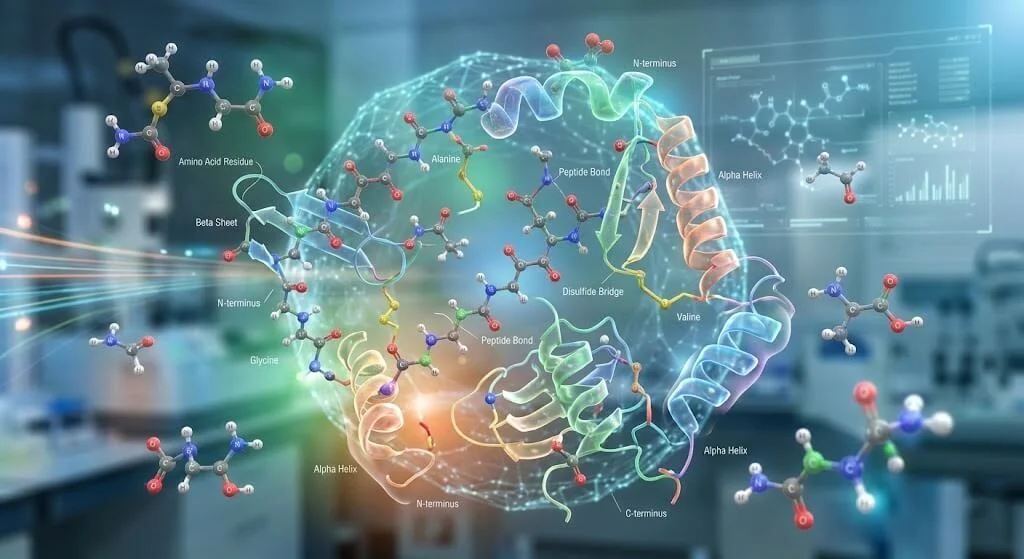 3D scientific visualization of amino acid chains and peptide molecules illustrating what are peptides for men's sexual health article