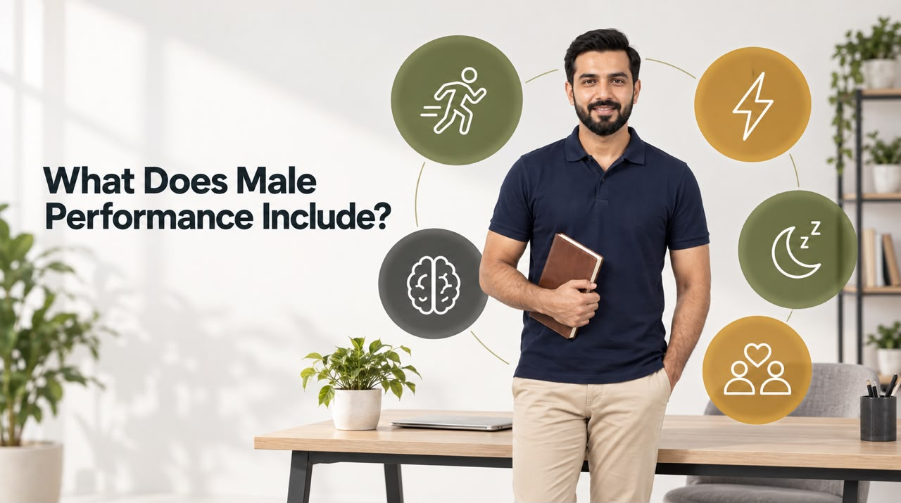An illustration showing five main domains of male performance including strength, energy, focus, sleep, and sexual health.