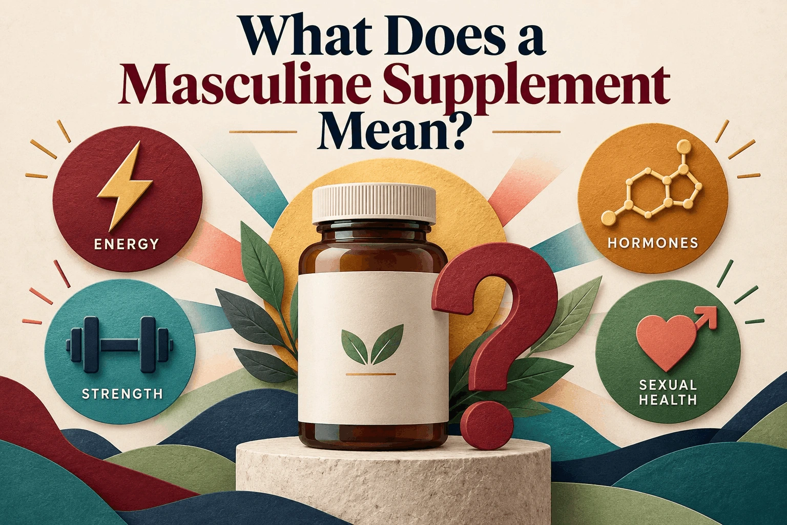 Infographic showing supplement bottle surrounded by energy, strength, hormones, and sexual health icons.