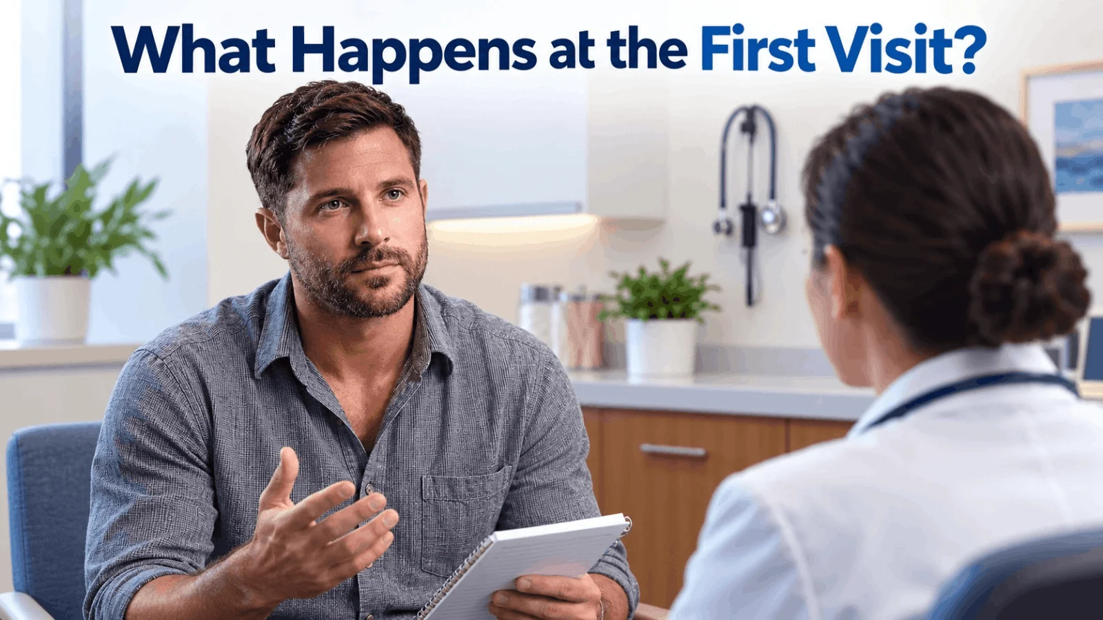 A patient discussing medical history during his first visit with a mens sexual health doctor