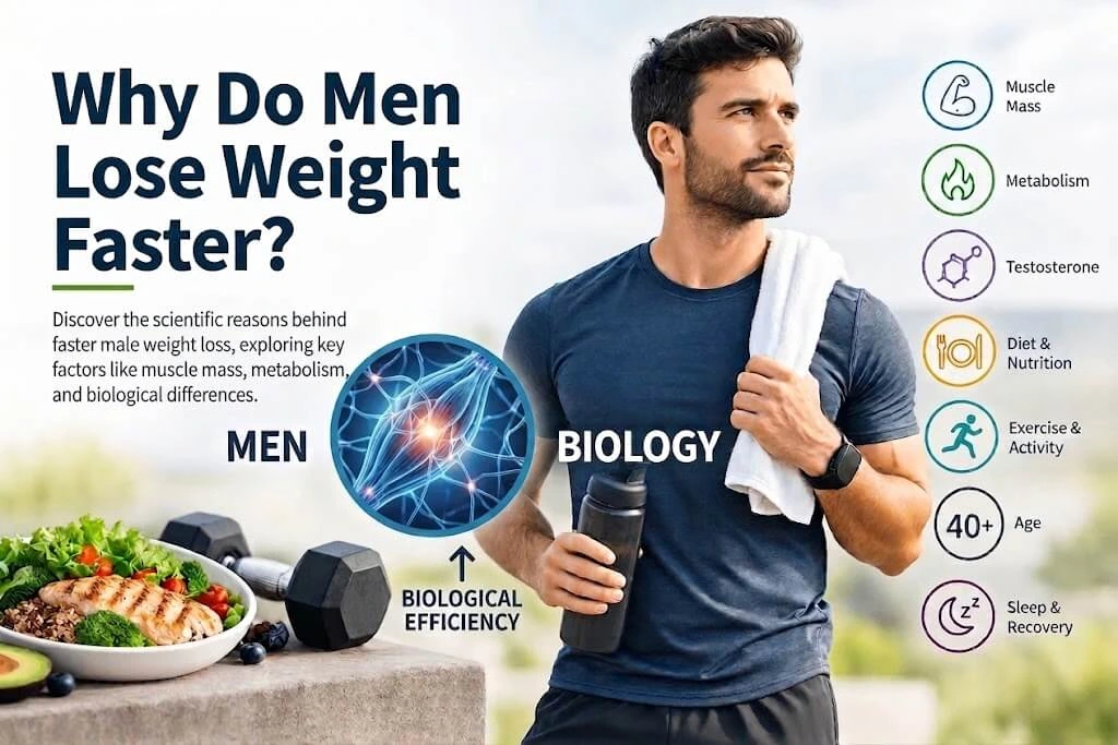 Infographic explaining why men lose weight faster, highlighting muscle mass, metabolism, testosterone, diet, exercise, and recovery for men over 40.
