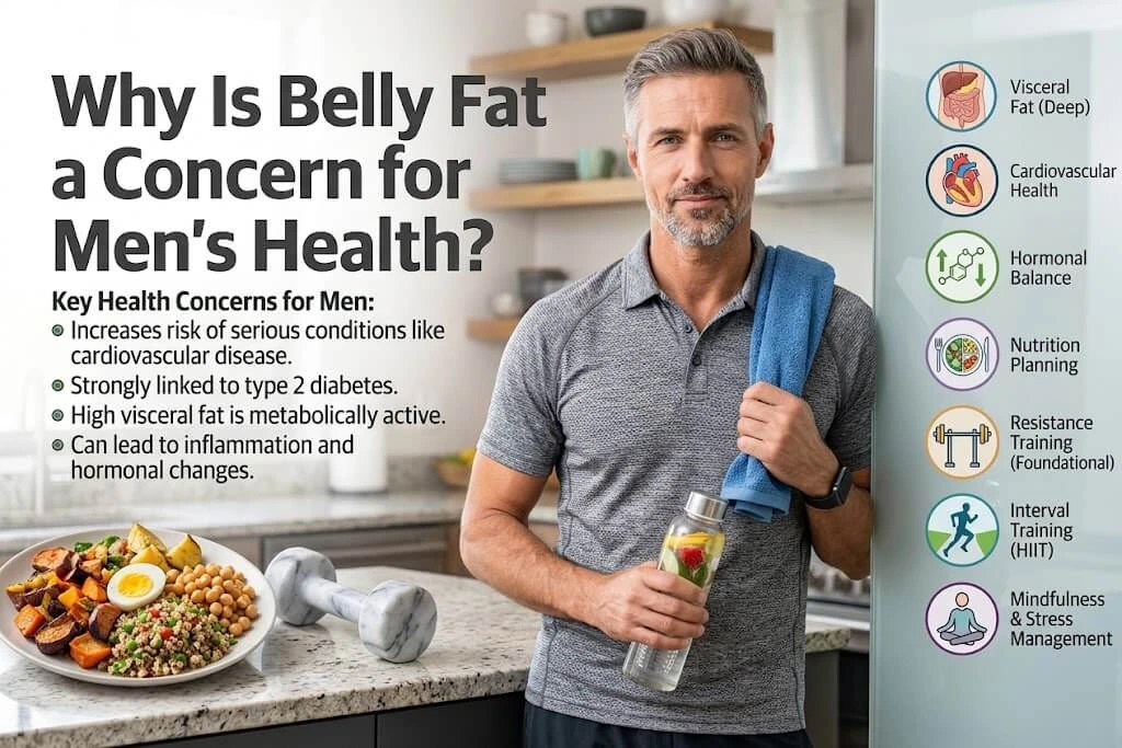 Infographic explaining why belly fat is a concern for men's health, featuring key health risks, lifestyle factors, and habit icons.