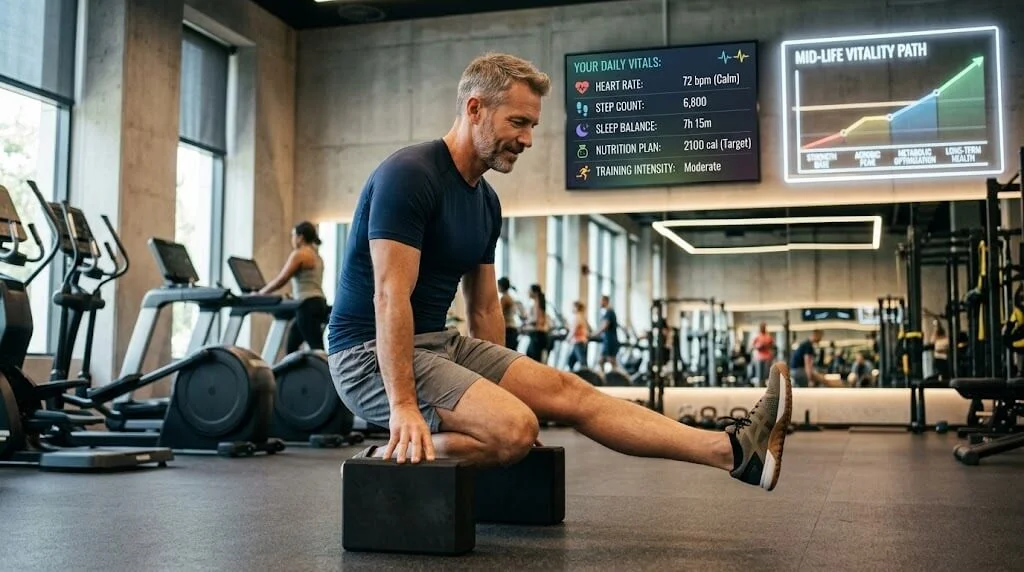 Fit healthy man over 40 stretching in gym near health chart illustrating why sexual health can change after 40