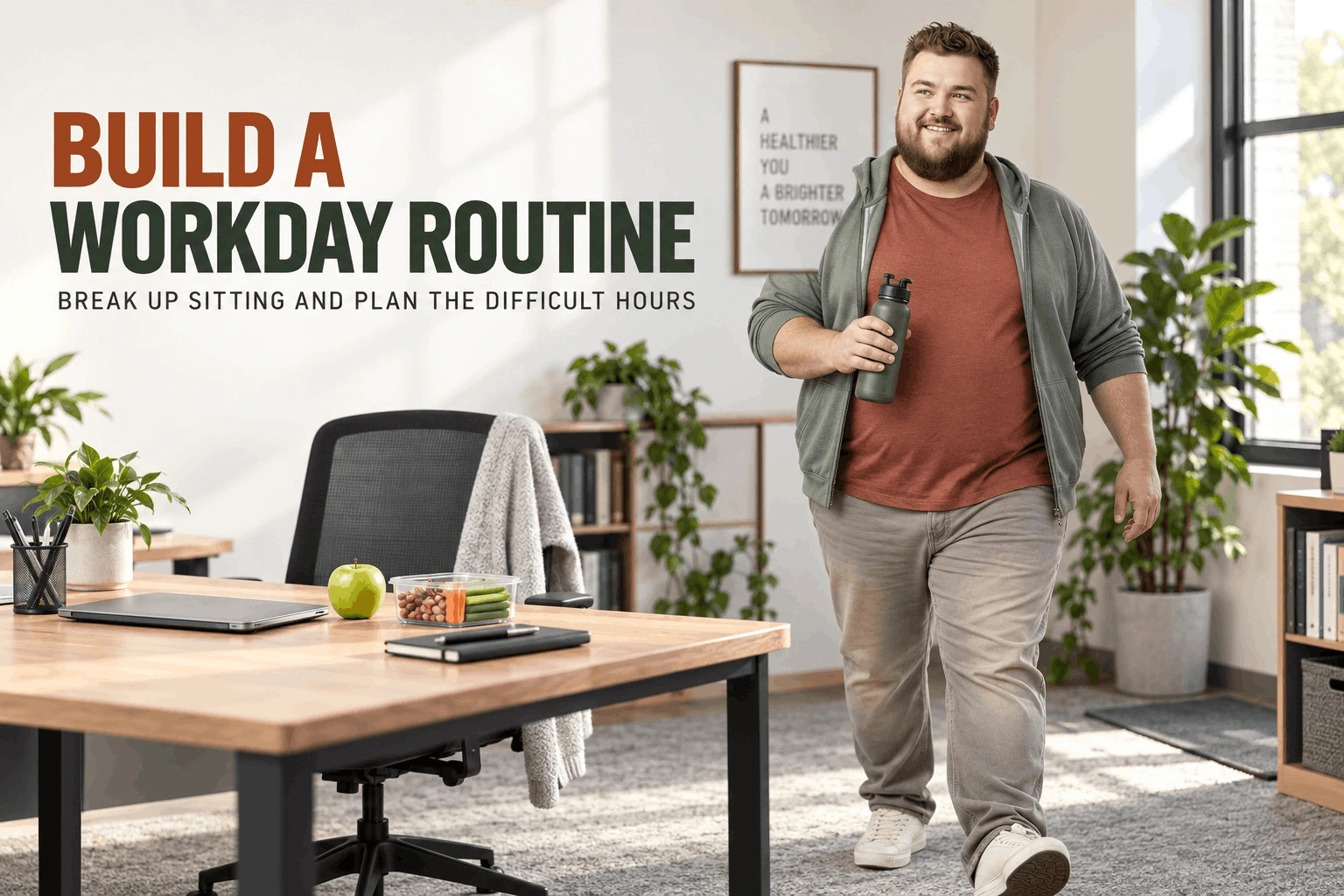active man walking in office to reduce belly fat during work hours