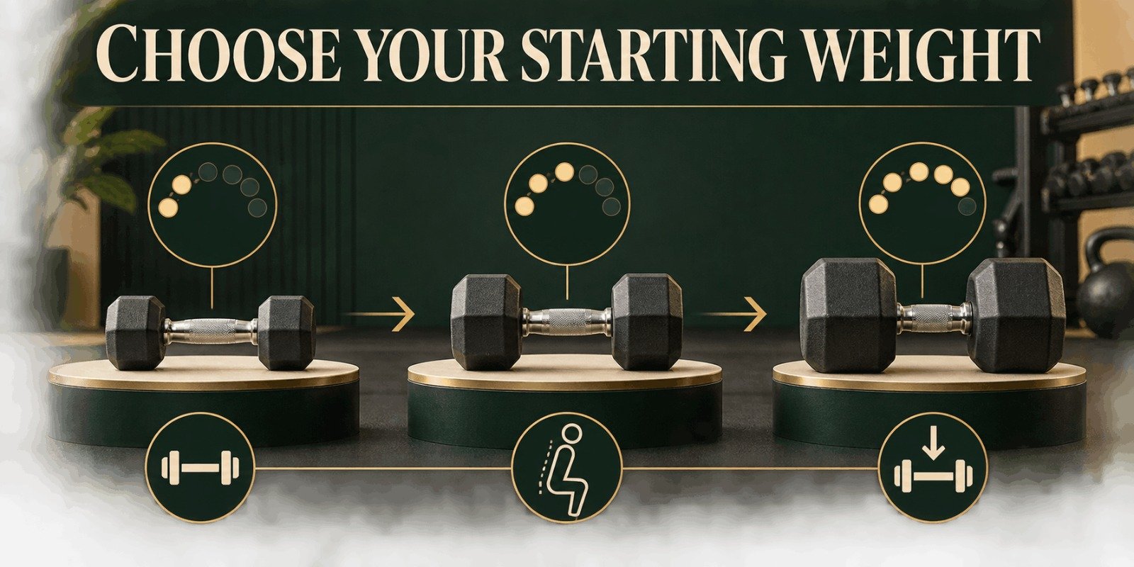 Choose your starting weight for weight lifting at 40 using light, moderate and heavier dumbbells