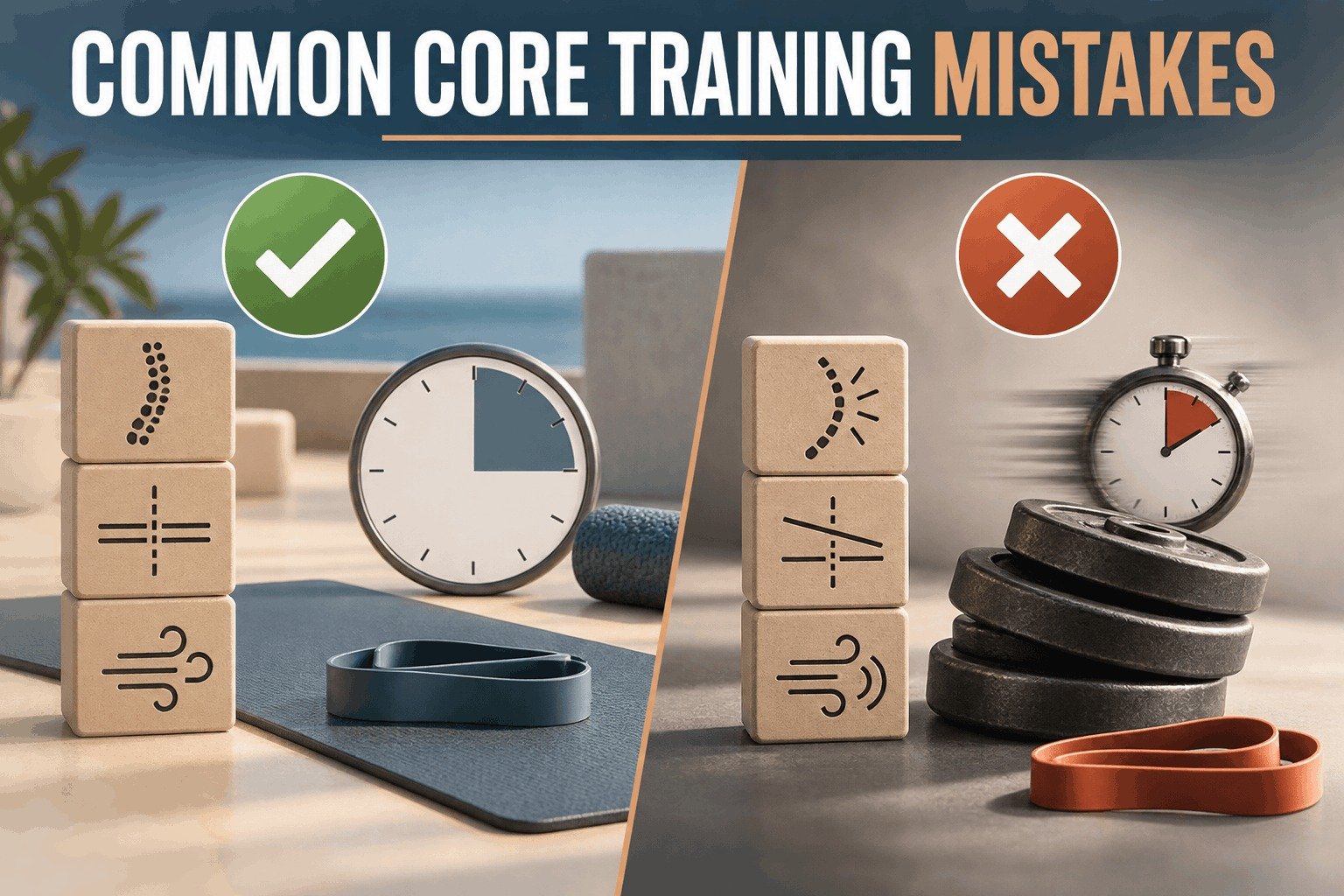 Common core training mistakes compared with correct form for men over 40