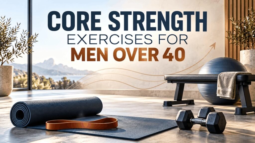 Core strength exercises for men over 40 with a mat, resistance band and dumbbells