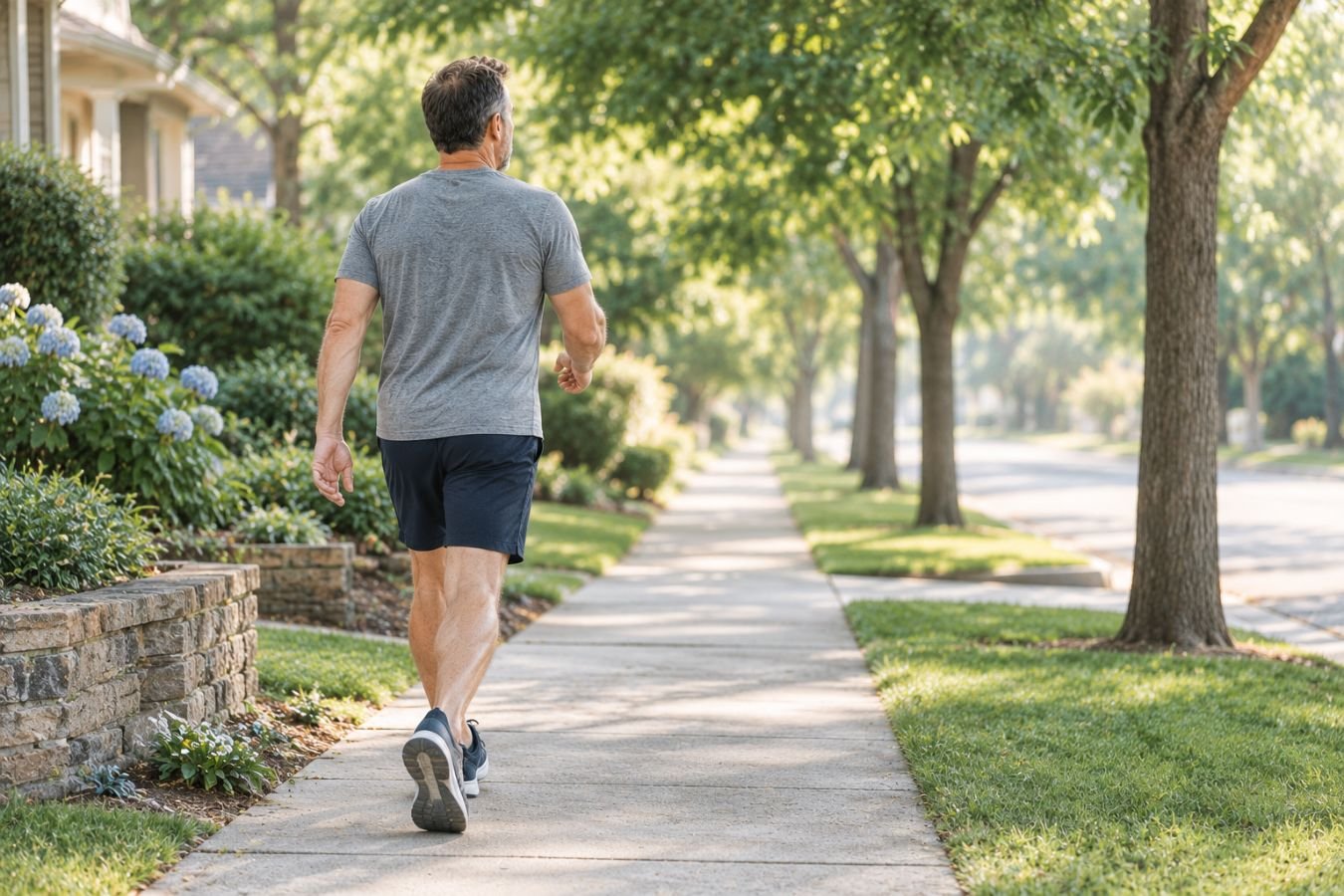 Man taking a brisk morning walk on a quiet residential sidewalk