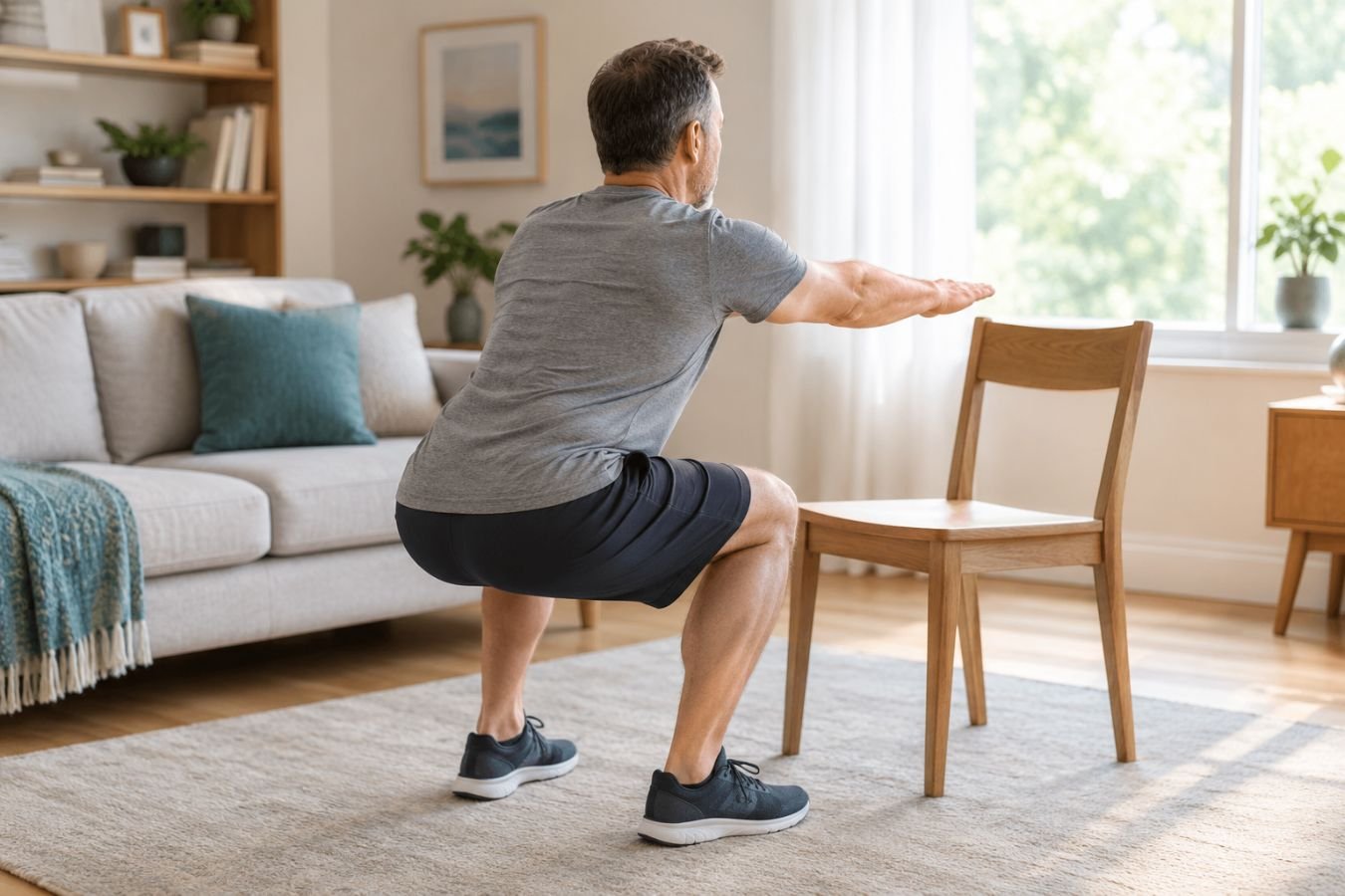 Man doing a chair squat in a living room as part of a home workout without equipment for beginners