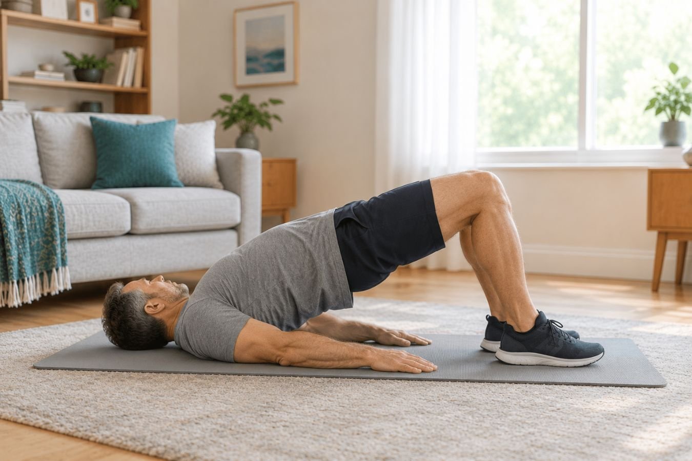 Man doing a glute bridge on an exercise mat at home