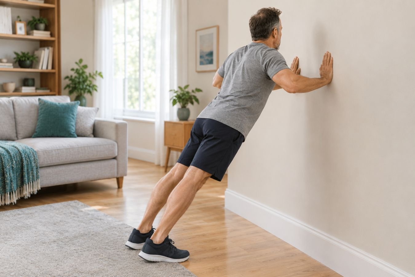 Man doing a wall push-up in a bright living room