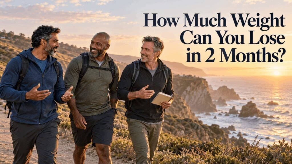 How much weight can you lose in 2 months: three men hiking along the coast