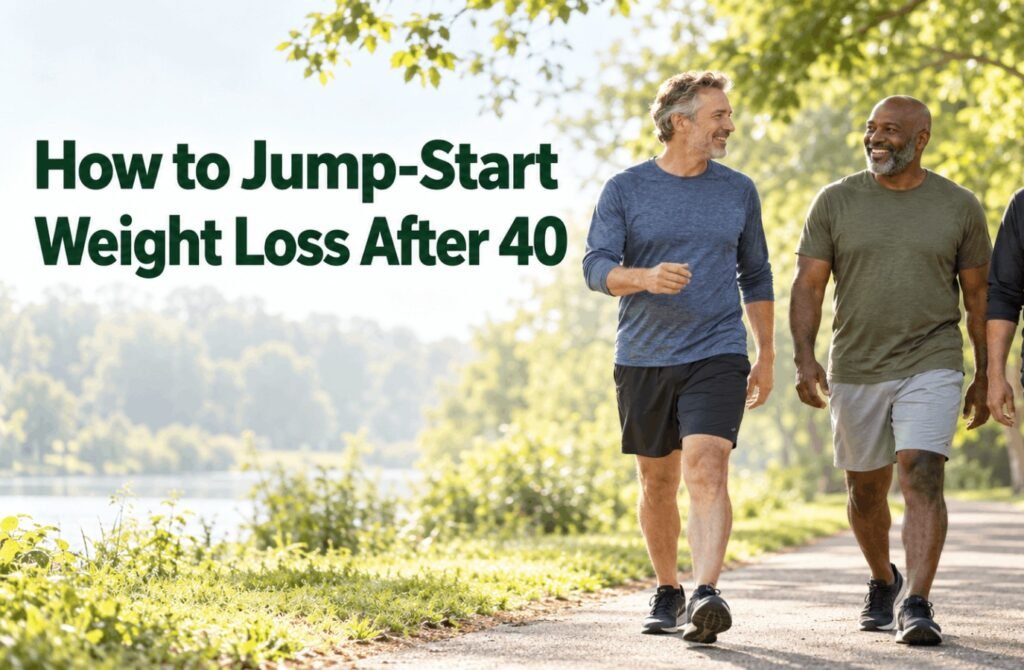 How to jump-start weight loss after 40: three men walking together outdoors