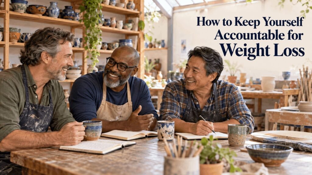How to keep yourself accountable for weight loss: three men chatting at a craft table