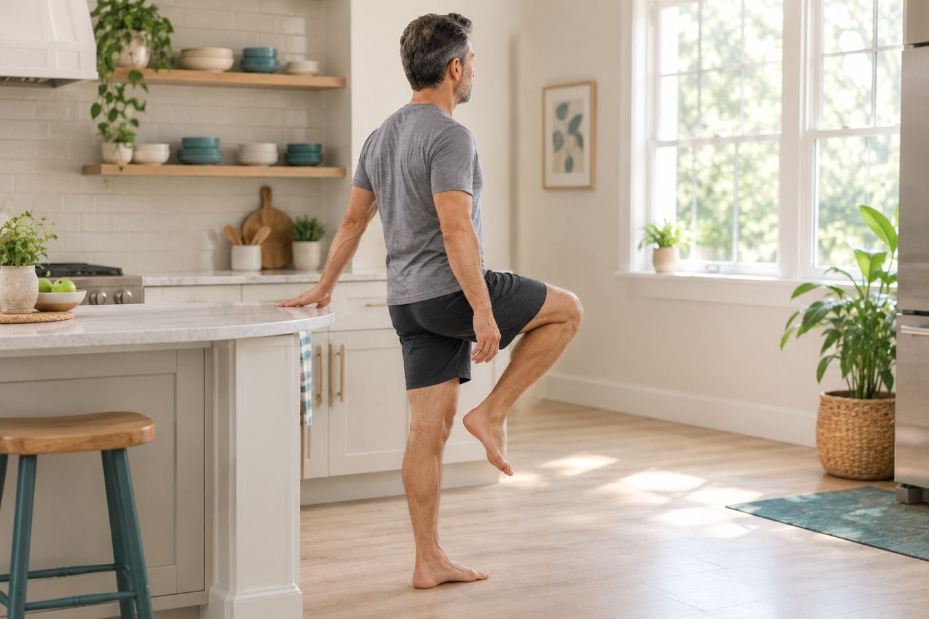 Man standing on one leg in a kitchen with one hand on the counter as a balance exercise