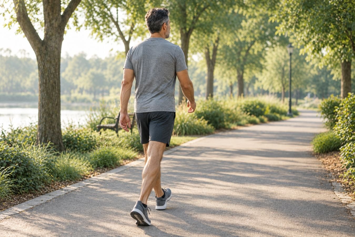 Man taking a brisk walk on a tree-lined park path for daily activity after 40