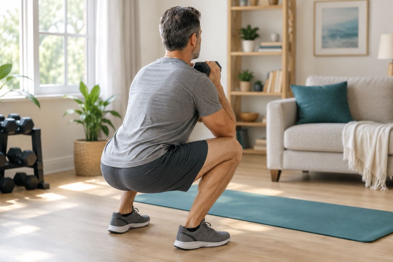 Man doing a goblet squat with one dumbbell to stay strong and active after 40