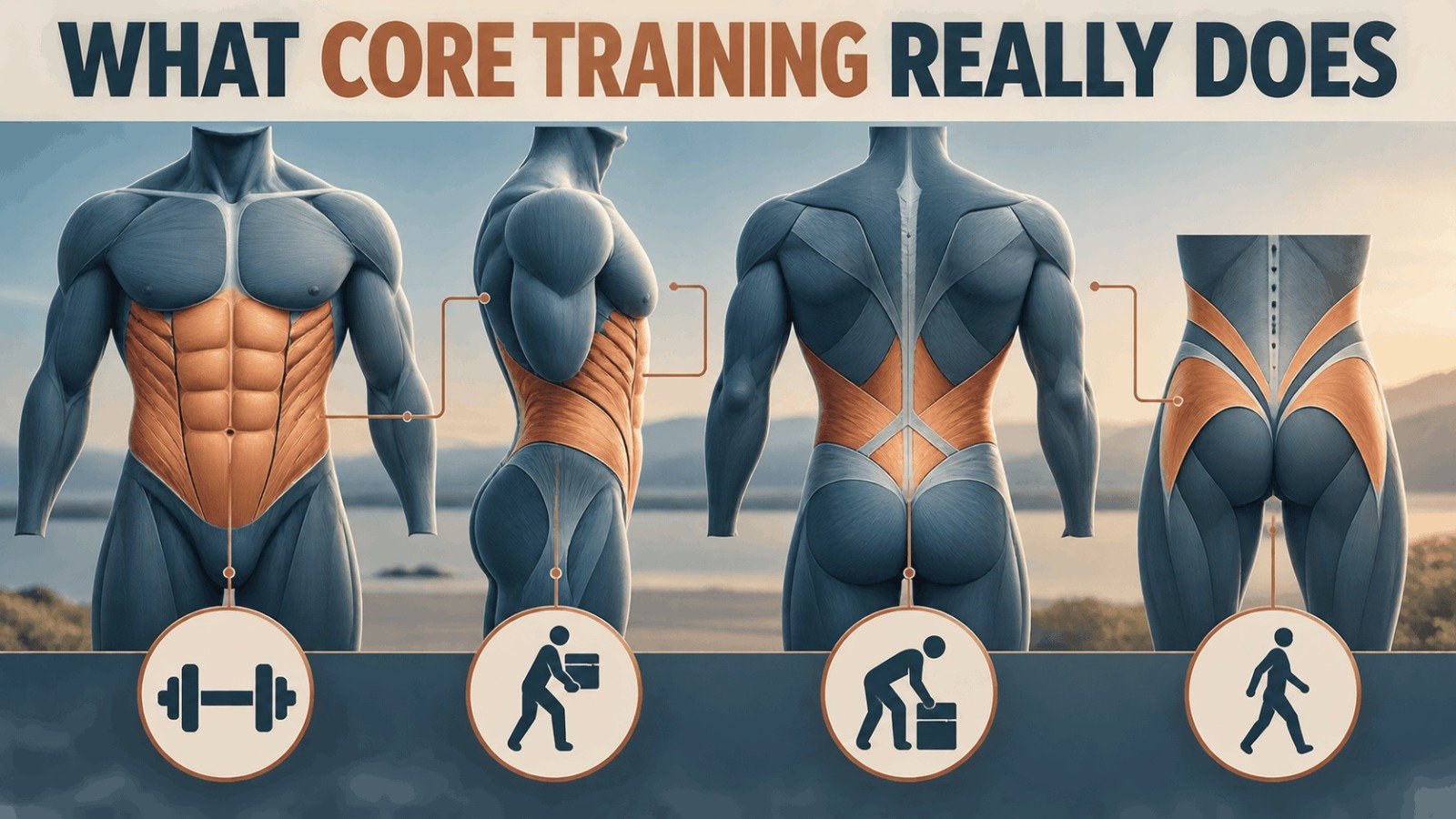 Diagram showing what core strength exercises for men over 40 train, from abs to back and hips