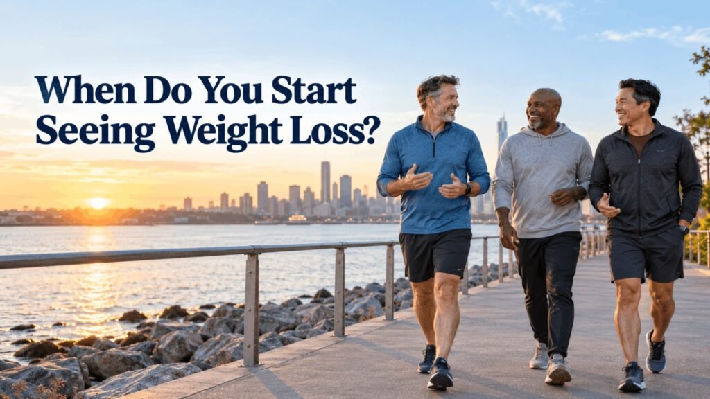 Men over 40 walking along a waterfront, asking when do you start seeing weight loss