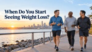 Men over 40 walking along a waterfront, asking when do you start seeing weight loss